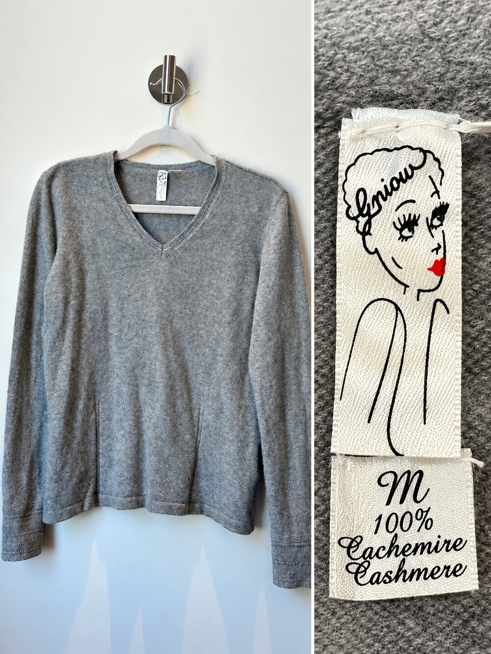 Gniow 100% Cashmere V-Neck Sweater Grey Size M Long Sleeve